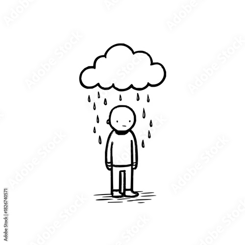 Simple cartoon drawing of a sad person standing under a rain cloud