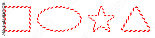 Collection red and white candy cane striped geometric outlines, including squares, ovals, stars and triangles.Festive set for Christmas design, holiday decor or seasonal graphics