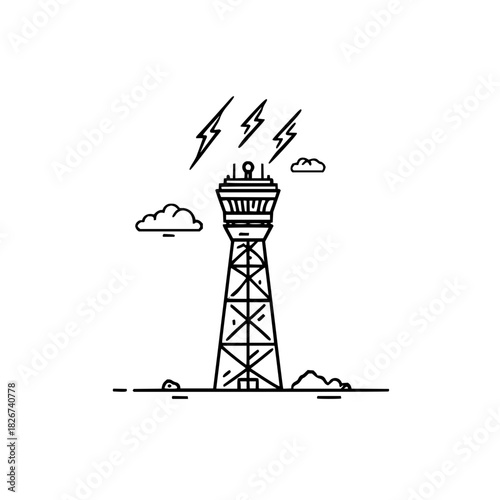 Line art of an air traffic control tower during a thunderstorm