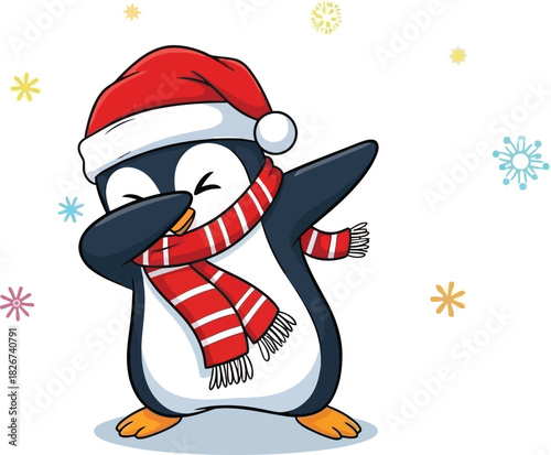 Cartoon penguin wearing santa hat and scarf dabbing with snowflakes on a white background