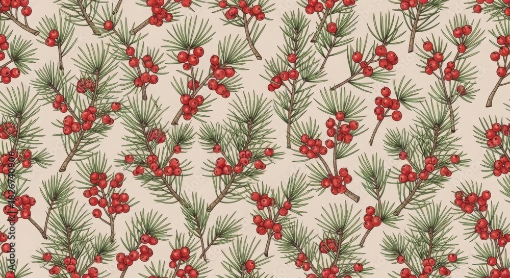 Obraz premium A festive holiday pattern features pine branches and bright red berries creating a cheerful seasonal design