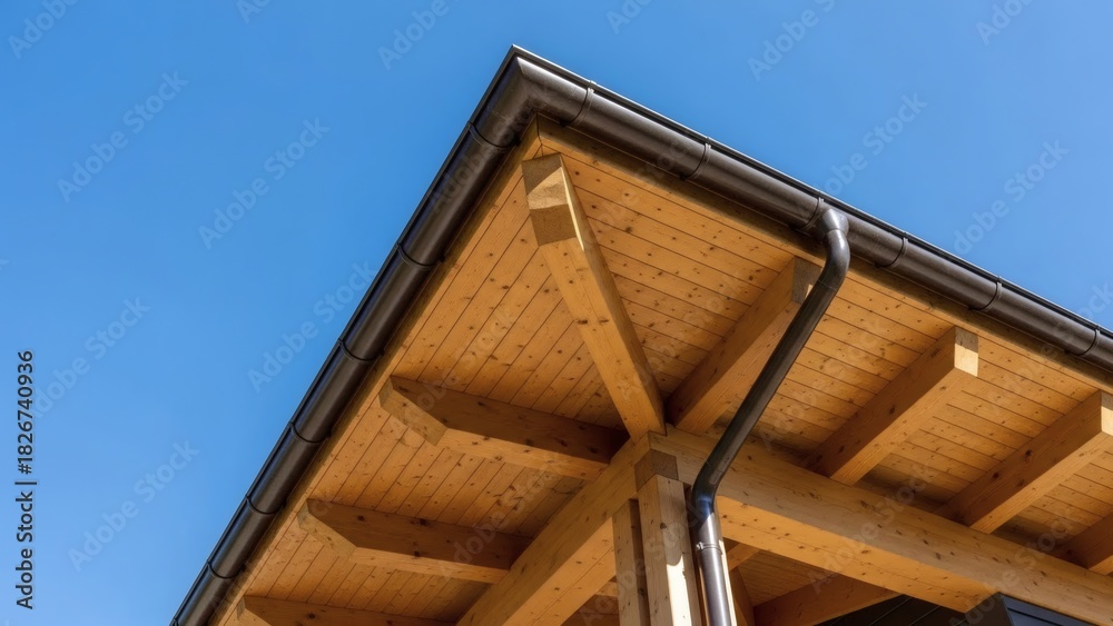 Obraz premium Wooden roof on sunny day Gutter with blue sky, and bright.
