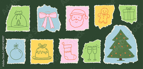 Set of Christmas paper stickers with torn textures, cut-and-tear edges, crayon-style scribbles, and bold grunge detailing. Filled with hand-drawn winter motifs, perfect for festive scrapbook designs.