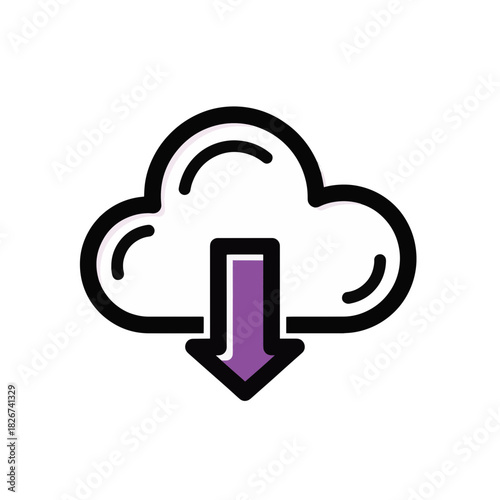 Cloud download icon with purple arrow. Vector illustration of data storage symbol. Bold line sticker style graphic isolated on transparent background
