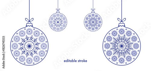 Editable stroke abstract christmas hanging balls with snowflakes vector illustration. Merry christmas baubles collection to use for christmas card, greetings, xmas, winter holiday, new year projects. 