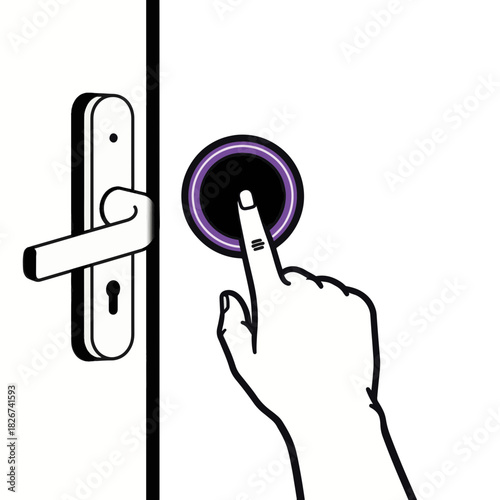Hand pressing smart door lock button. Biometric security and home automation concept. Vector line illustration