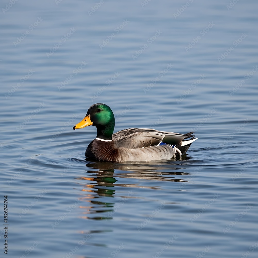 Fototapeta premium Male mallard duck swims gracefully on calm blue water with ripples.