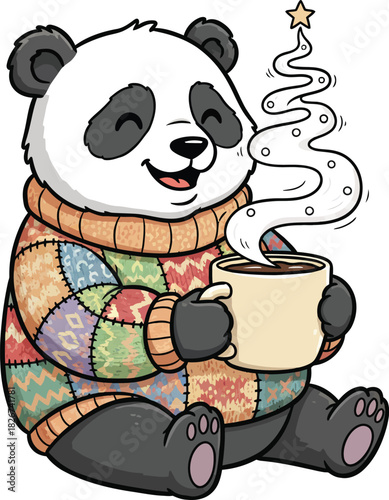 Cute panda wearing a sweater holding a mug with christmas tree shaped steam on a white background