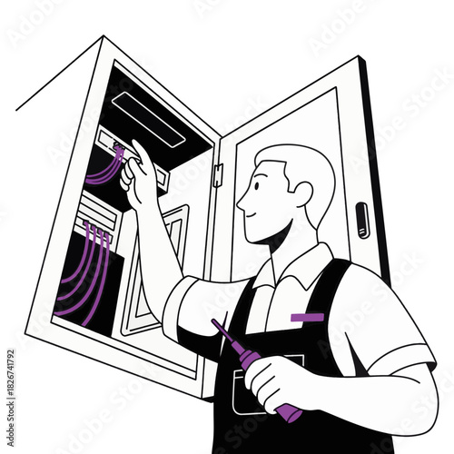 Technician working on a network server cabinet. IT support and maintenance concept. Minimalist line art vector illustration