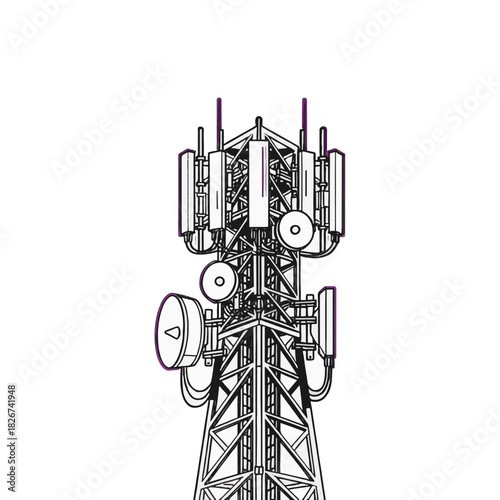 A line art illustration of a telecommunication tower. Mobile cell site with 5G network antennas. Technical vector graphic of a communication base station