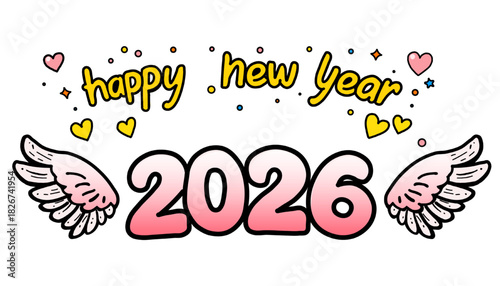 happy new year 2026 celebration with angel wings and colorful confetti on transparent background