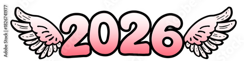 winged year 2026 graphic on transparent background. Pink gradient 2026 graphic with stylized angel wings on either side.