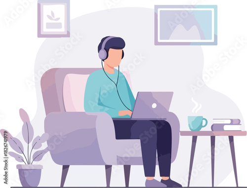 A man in a headset works on a laptop while sitting in a comfortable armchair in a cozy home office with a cup of coffee, conveying a relaxed and productive business atmosphere.