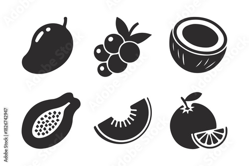 Minimal black fruit icon set for menus, labels, and branding.