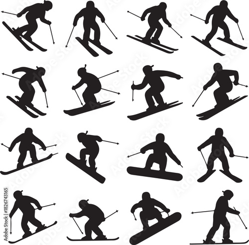 Silhouette of people skiing and snowboarding on a snowy mountain slope
