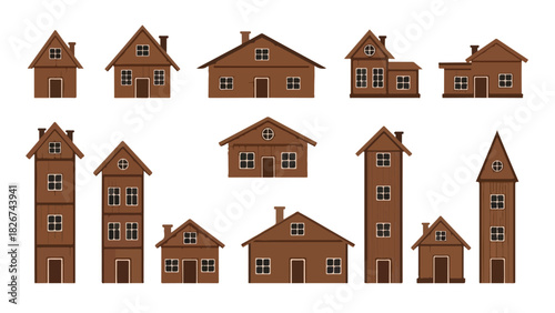 Cartoonish Brown Buildings on a White Background, Whimsical Set