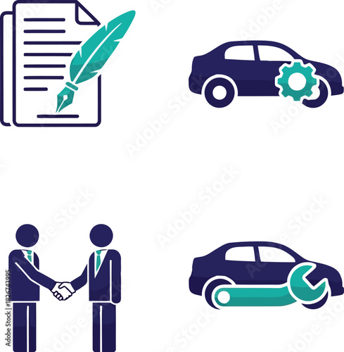 Car service contract, auto repair, maintenance agreement, business deal flat icons