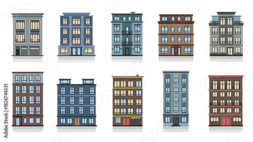 Collection of Cartoon Apartment Buildings on White Background