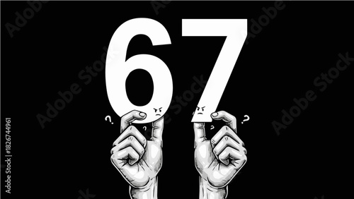 Intriguing illustration of two hands attempting to hold up the number "67," with each digit having a frowning face and question marks, symbolizing uncertainty, effort, or a difficult task.