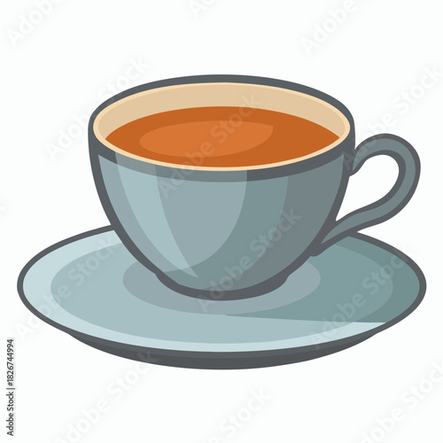 Vector illustration of blue ceramic a teacup with saucer. Ideal for kitchen design, product packaging, cafe branding, web icons and prints. Isolated on white background