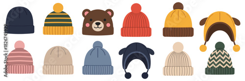 knitted winter caps and beanies, stylish cold weather accessories illustration, cozy wool headwear designs for winter fashion, seasonal clothing graphics, apparel catalogs, and cozy outdoor outfit pro
