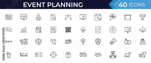 Event planning and organisation icon set. Vector pictograms of schedule, venue, invitation, management, ticket, celebration, communication illustration