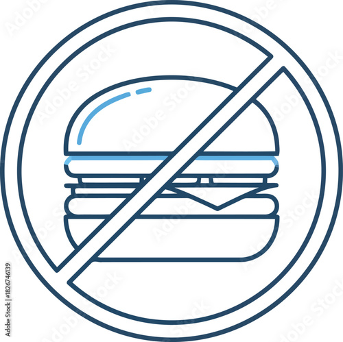 No fast food icon, burger forbidden sign. unhealthy eating restriction, diet, health warning symbol