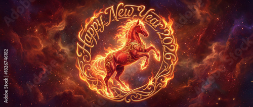 Fiery Horse and 'Happy New Year 2026' in Cosmic Nebula
