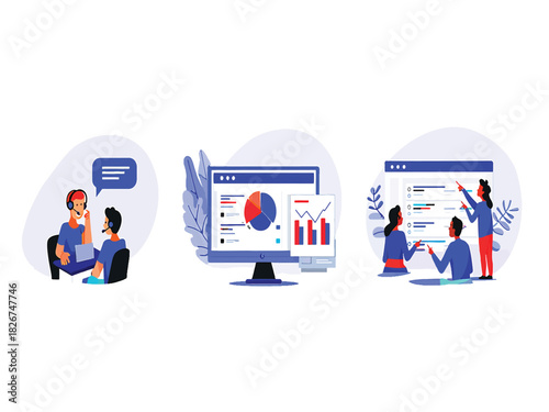 Business professionals collaborating on data analysis with charts and graphs