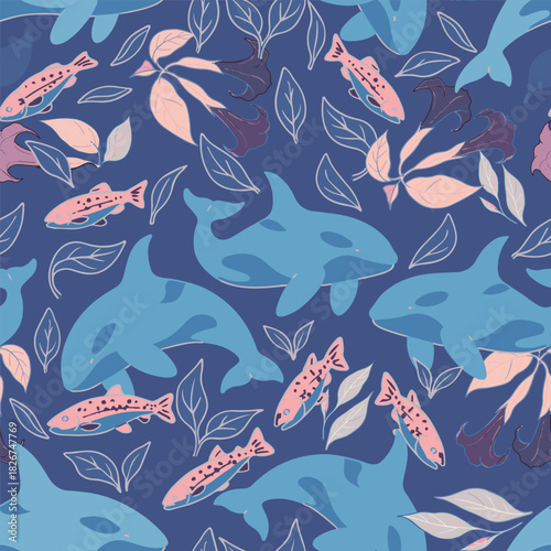 Seamless pattern with killer whales. Orca vector background. Vector illustration. Perfect for fabric, apparel, and packaging.