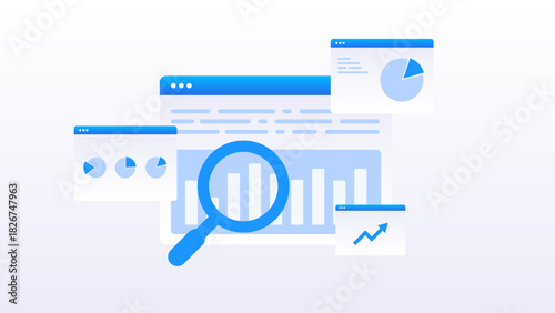 Stock market data analysis with magnifying glass, business financial analytics dashboard, and stock market research.