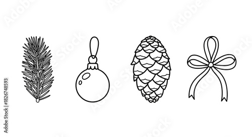 Elegant line art of Christmas elements for festive designs: pine branch, ornament, pinecone, and ribbon bow create a classic holiday mood for cards