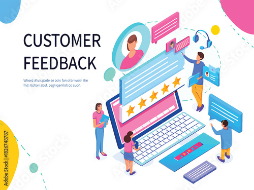 Isometric illustration of an online customer feedback and user rating system concept