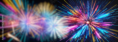 abstract colorful neon light rays and fireworks explosion with dynamic motion blur and bright glowing beams in dark space