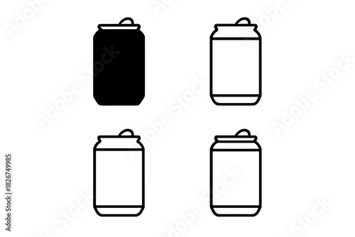 Set of four minimalist beverage can symbols showing outline and solid fill variations for packaging design
