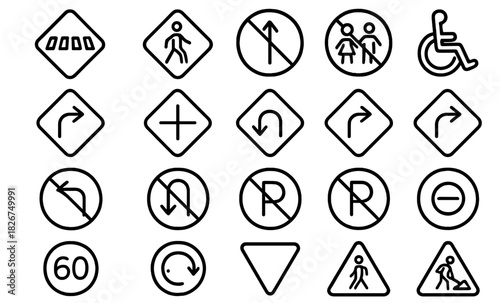 Black and white outline symbols for road safety and traffic regulation