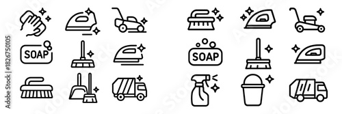Large collection of household cleaning tools and maintenance equipment symbols