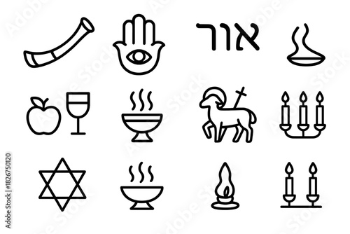 Diverse set of outline icons featuring Jewish and Christian religious symbols and ritual objects