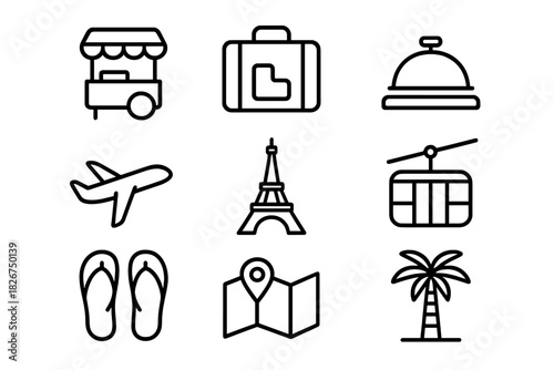 Set of travel and tourism icons featuring famous landmarks and vacation activities