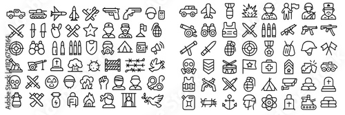 Outline icons set featuring military equipment, defense concepts, war, and conflict symbols
