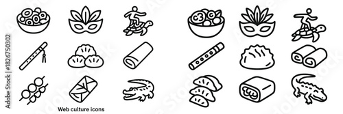 Simple black line graphics featuring global culture elements and traditional food symbols