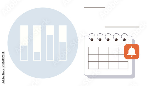 Progress bars inside a circle and calendar with a bell icon symbolize organization, productivity, reminders, deadlines, time management, planning, and data tracking. Ideal for simple flat metaphor