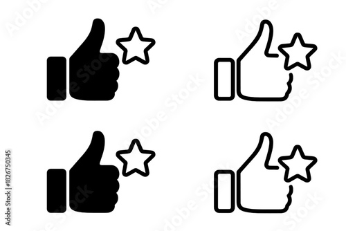 Thumbs up hand gesture and star symbols for approval, positive feedback, and favorite rating