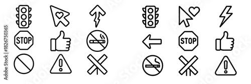 Essential outline icons for web interfaces and mobile apps featuring signs and symbols