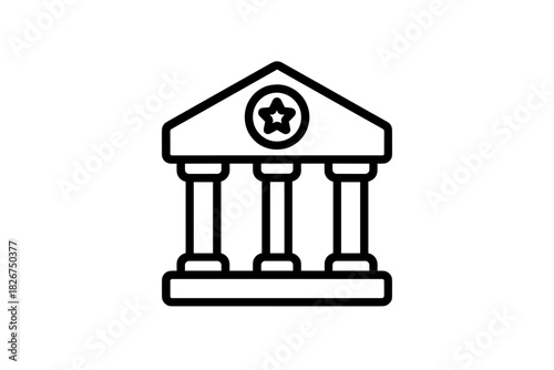 Classical government or bank building facade with columns and a prominent star emblem