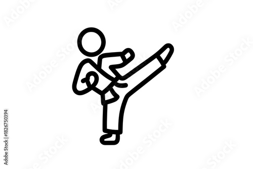 Stylized black line art showing a martial artist performing a dynamic high kick movement