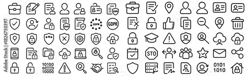 Outline icons set for digital security, data protection, privacy, and regulatory compliance