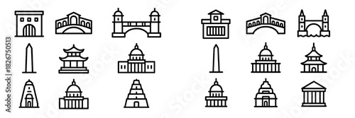 Set of famous world travel landmarks and architectural monuments in modern outline style
