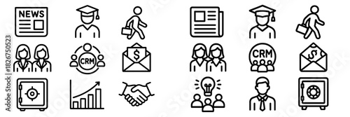 A comprehensive set of essential line icons covering key concepts in business, finance, education, and corporate management