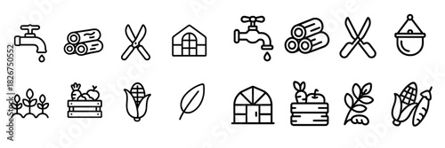 Essential farming and gardening tools and produce in simple outline style